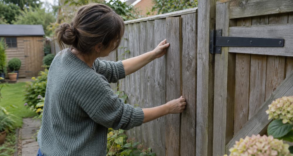 Homeowner checking a timber garden fence and gate for damage
