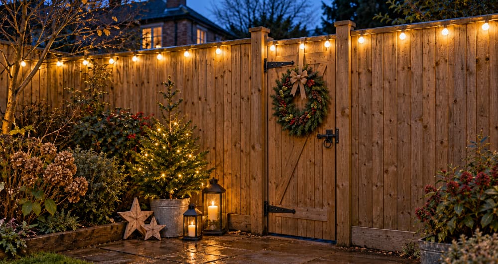 Wooden garden fence and gate decorated with string lights, a Christmas wreath, lanterns and a small potted Christmas tree.