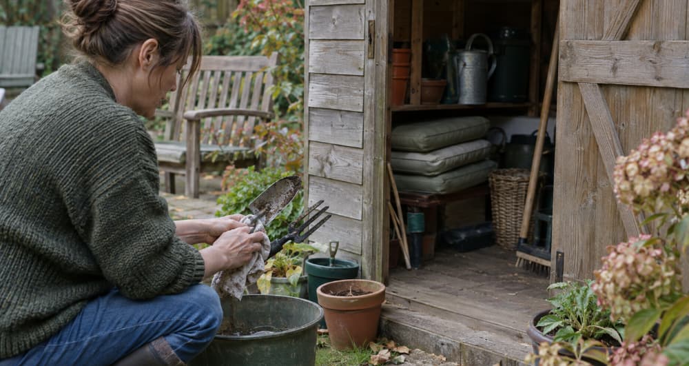 Homeowner cleaning garden tools before storing them in a shed for autumn