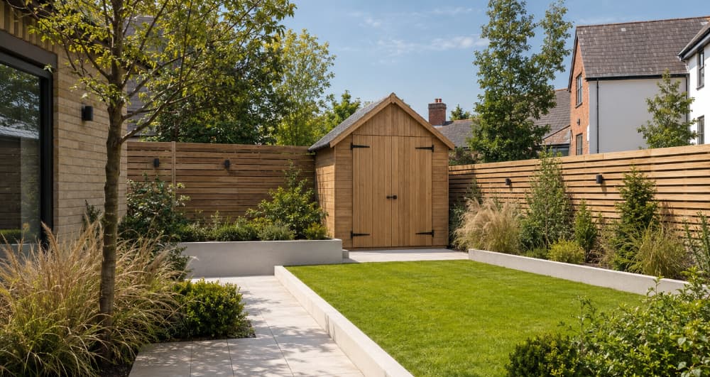 Modern landscaped garden featuring a new timber garden shed with double doors, porcelain paving, raised rendered planters, horizontal slatted fencing and architectural planting, creating a stylish and well-organised outdoor space.