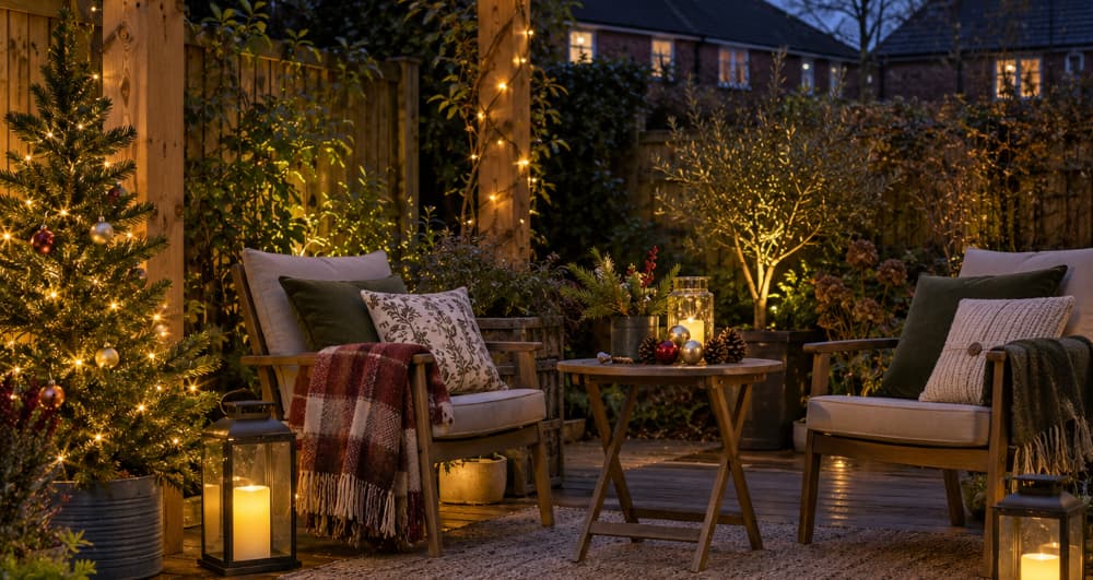 Garden seating area decorated for Christmas with blankets, cushions, lanterns and a small tree covered in warm fairy lights.