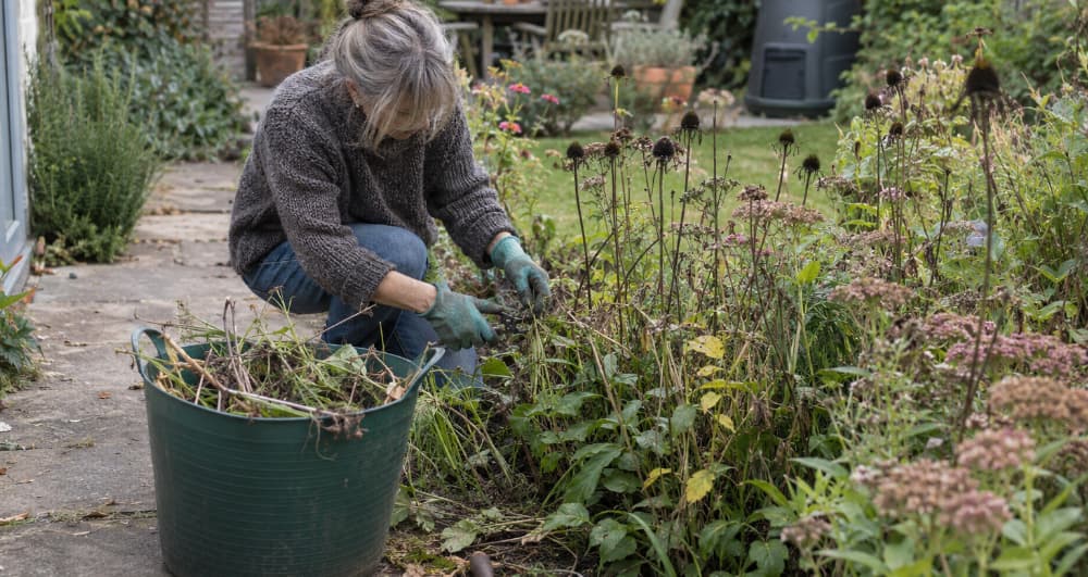 Homeowner storing wooden garden furniture and cushions in a shed for autumn