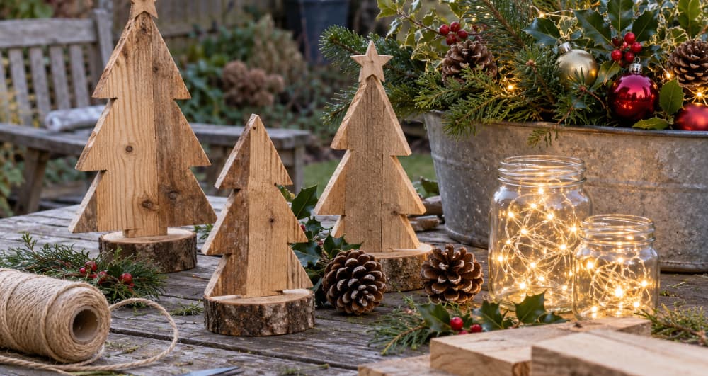 Handmade wooden Christmas trees, pine cones and jars of fairy lights on a garden table beside a festive evergreen planter.