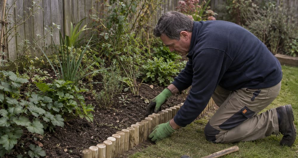Homeowner installing timber log edging around a garden border