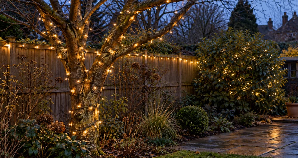 Warm white Christmas lights wrapped around a garden tree and shrub, with string lights along the wooden fence at dusk.