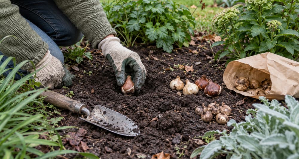 Gardener planting spring-flowering bulbs in an autumn garden border