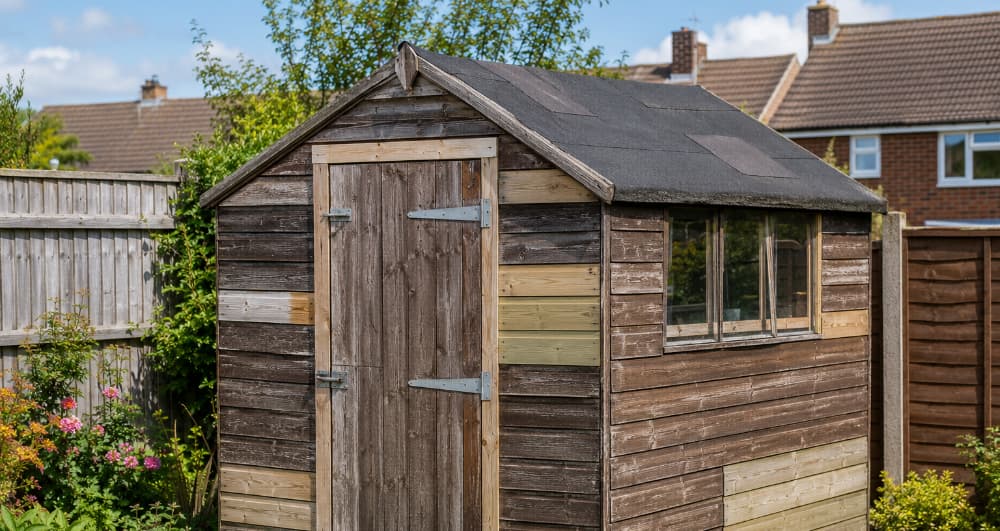 Timber garden shed showing a mix of weathered and newly replaced wooden boards, with a worn felt roof and ageing door, illustrating a shed that has undergone partial repairs but still shows signs of age.