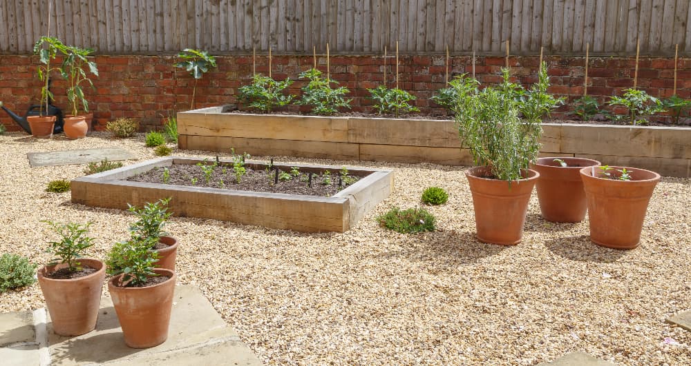 Garden featuring timber sleeper raised beds used for growing vegetables and plants, creating a practical, low-maintenance landscaping solution with defined planting areas.