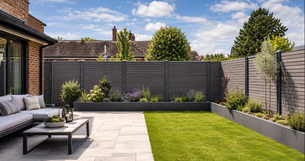 Modern suburban garden featuring solid tongue-and-groove composite fencing, raised planting beds, paved patio and lawn, providing privacy with a sleek, low-maintenance contemporary finish.