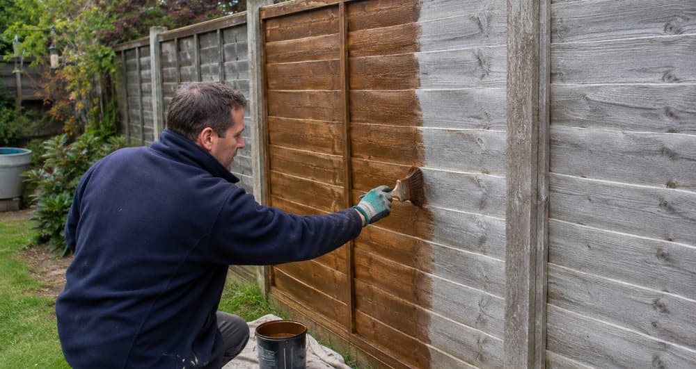 Homeowner applying brown wood treatment to a weathered fence panel