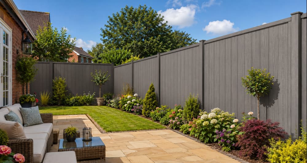 Landscaped garden enclosed by vertical composite fencing, with a sandstone patio, flowering borders and lawn, creating a private, durable and low-maintenance outdoor living space.