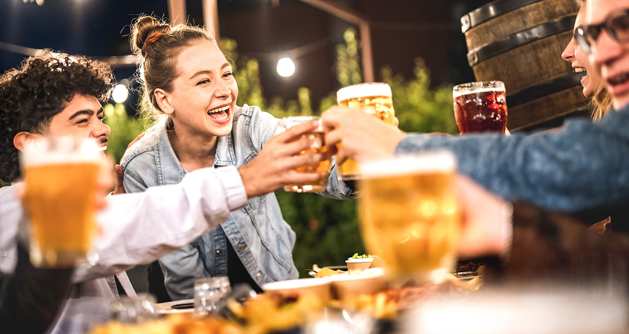 cheers at a garden bar