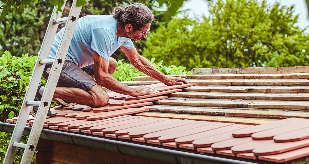 a homeowner fixing a shed roof with shingles