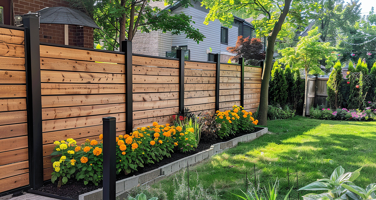 A type of wood fencing that is light in colour and reinforced by a dark coloured metal frame.